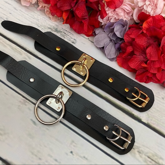 Punk Gothic Black Vegan Leather Metal Ring Bracelet - Picture 11 of 16